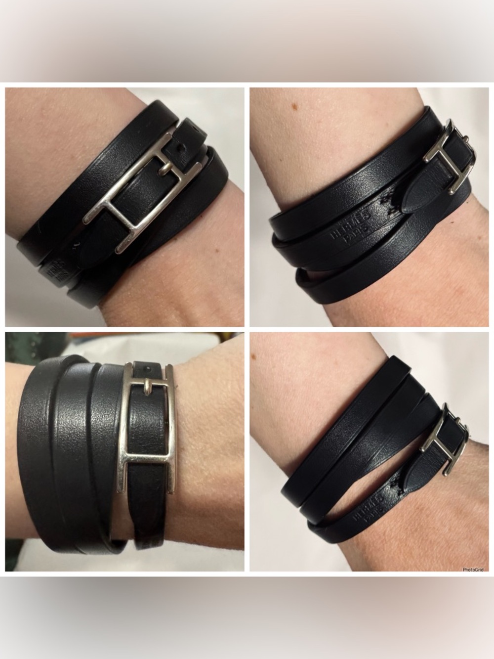 Hermès AUTHENTIC Silver & Black Leather Behapi Api Double Tour Bracelet - Picture 12 of 16